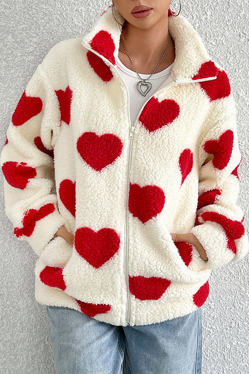 Heart Print Fleece Zip-Up Jacket