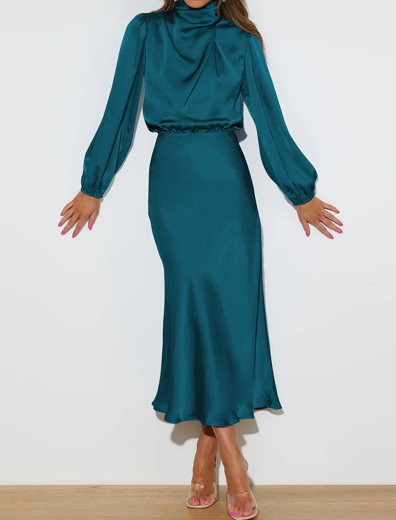 Satin Long Sleeve Midi Dress