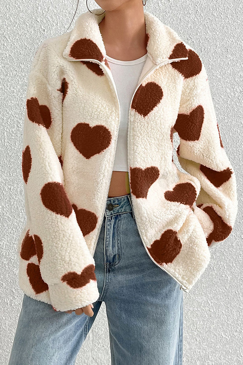 Heart Print Fleece Zip-Up Jacket