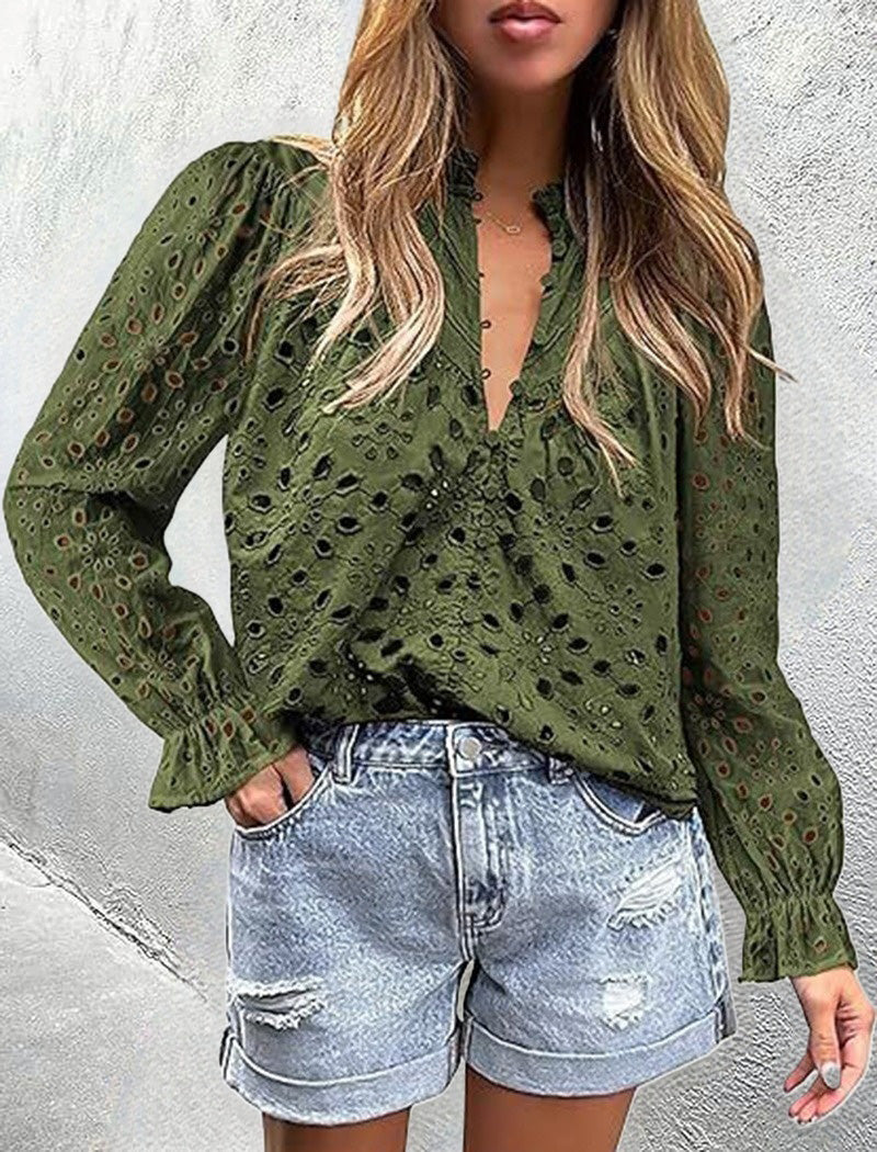 Bell Sleeve V-Neck Lace Top