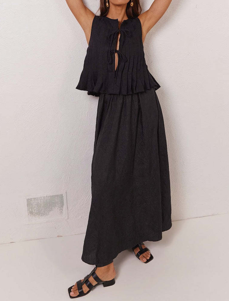 Sleeveless Pleated Tie-Front Top