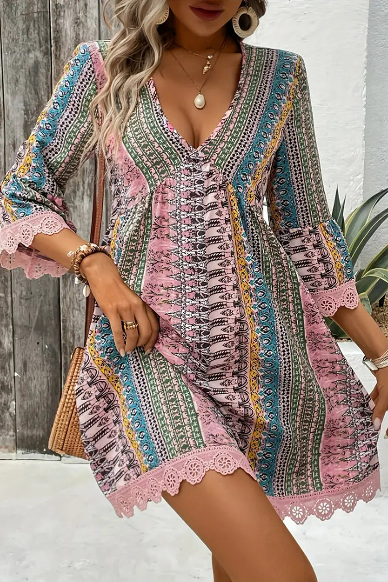 V-Neck Printed Casual Mini Dress