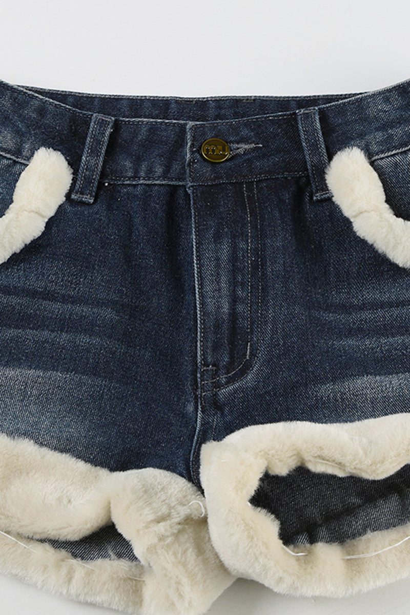 Faux Fur Trimmed Denim Shorts