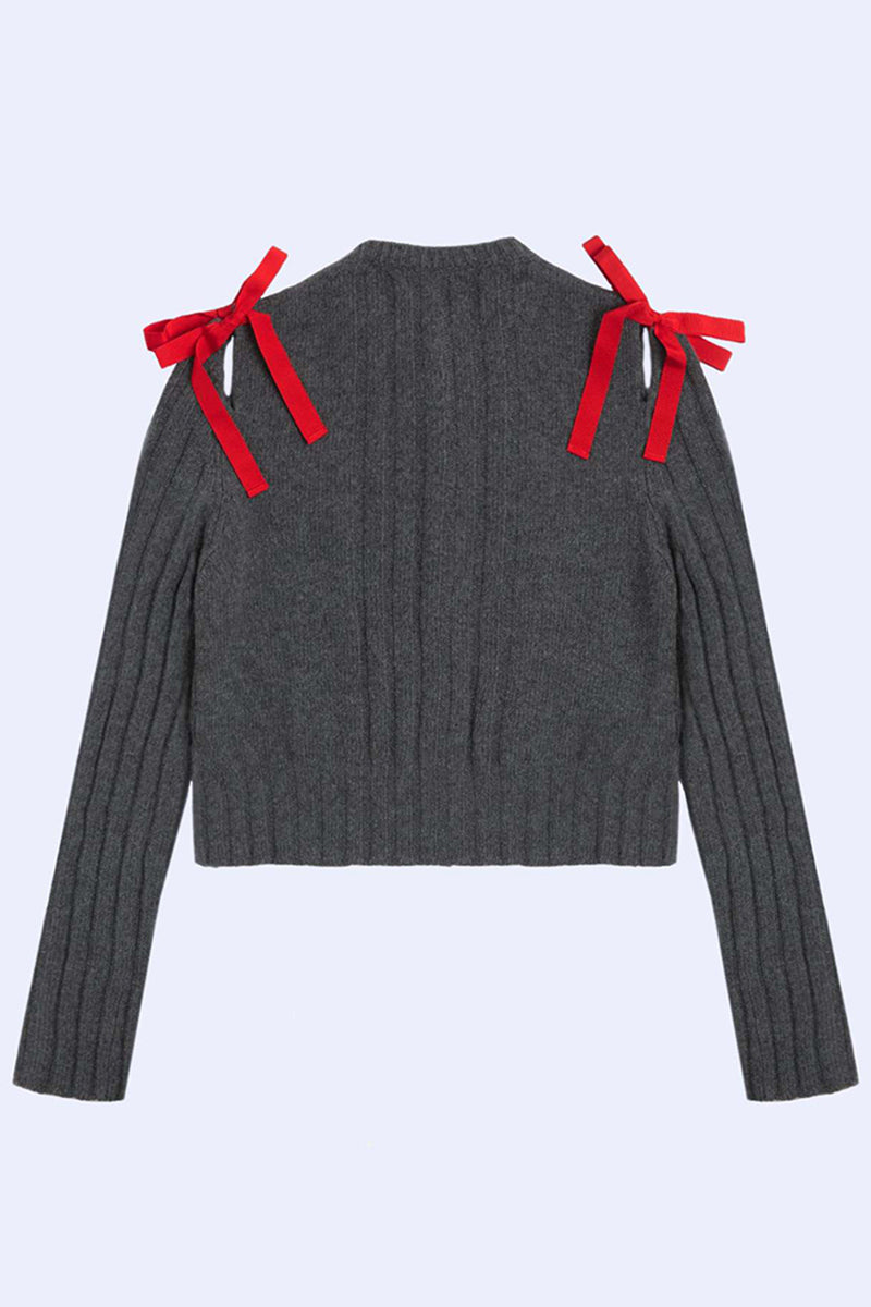 Ribbed Knit Cardigan with Bow Details