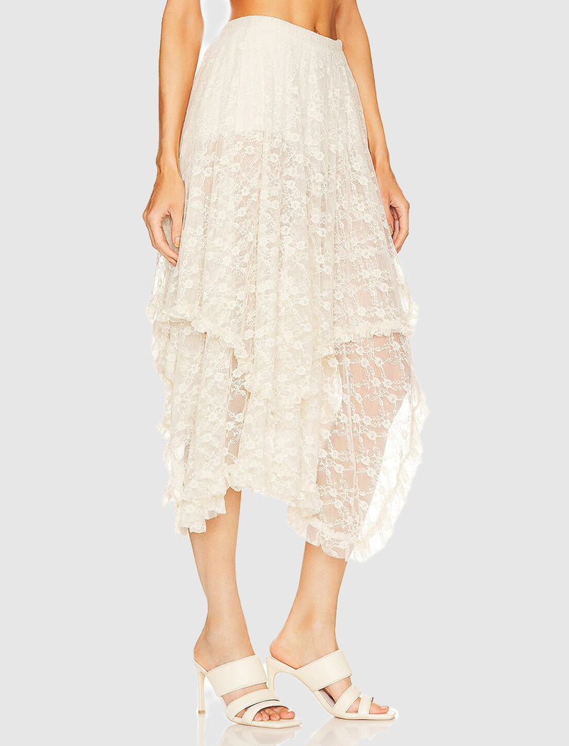 Asymmetrical  Lace Tiered Midi Skirt