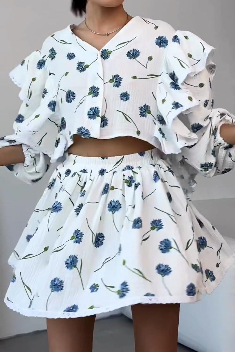 Ruffle Sleeve Printed Skirt Set