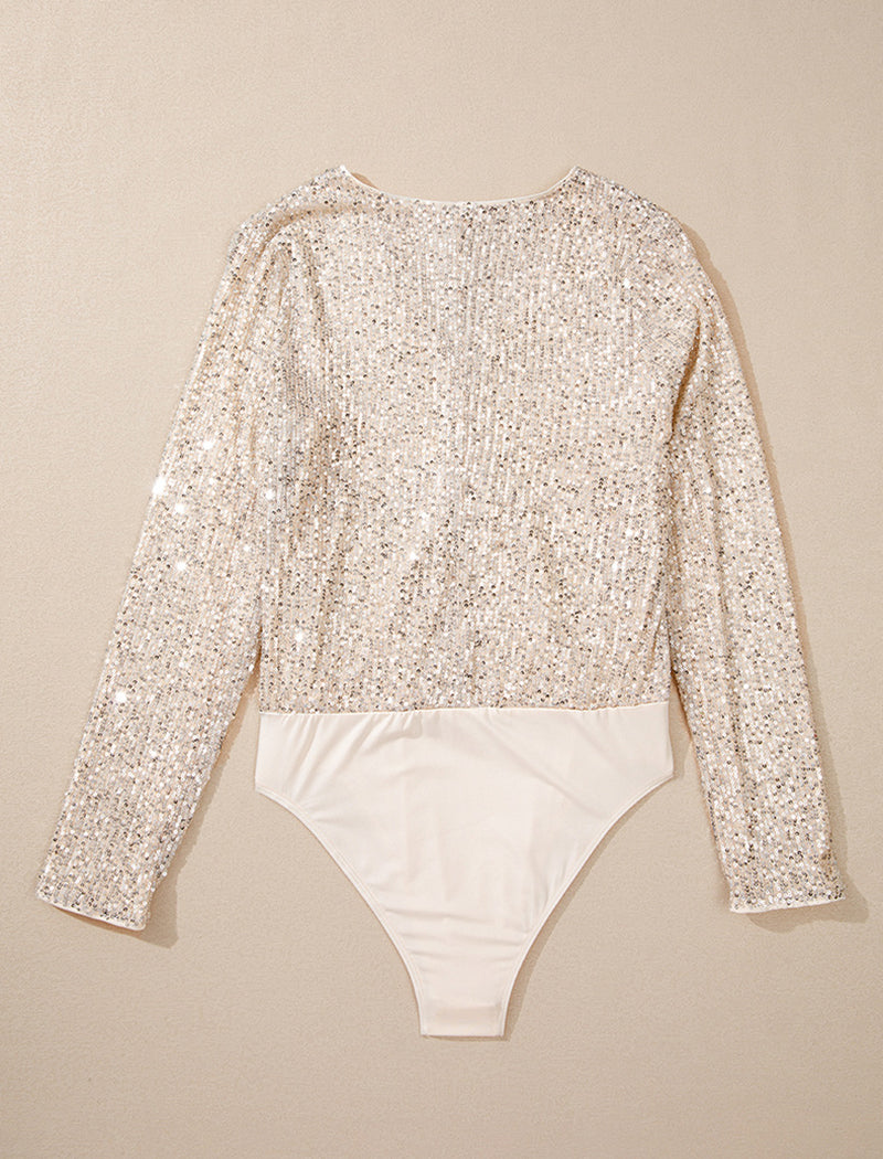 V-Neck Sequin Long Sleeve Bodysuit