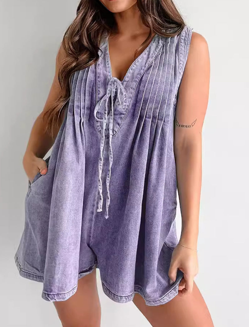 Sleeveless Tie-Front Denim Romper