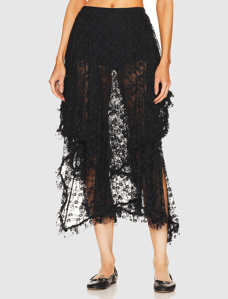 Asymmetrical  Lace Tiered Midi Skirt