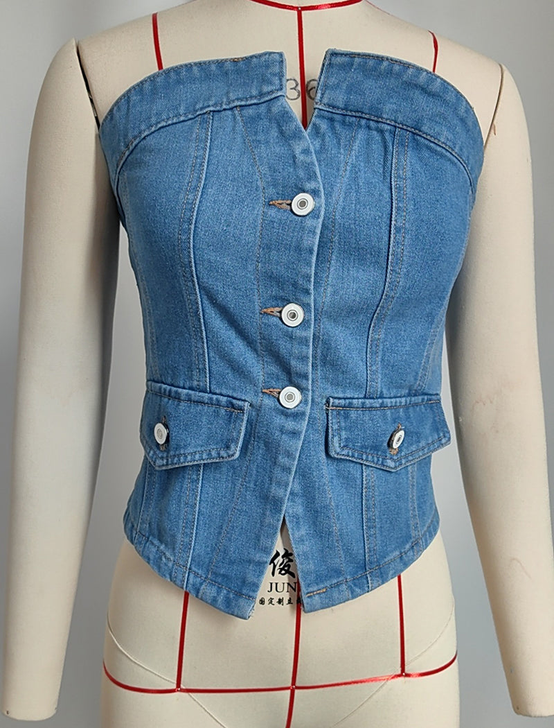 Off-Shoulder Buttoned Denim Bustier Top