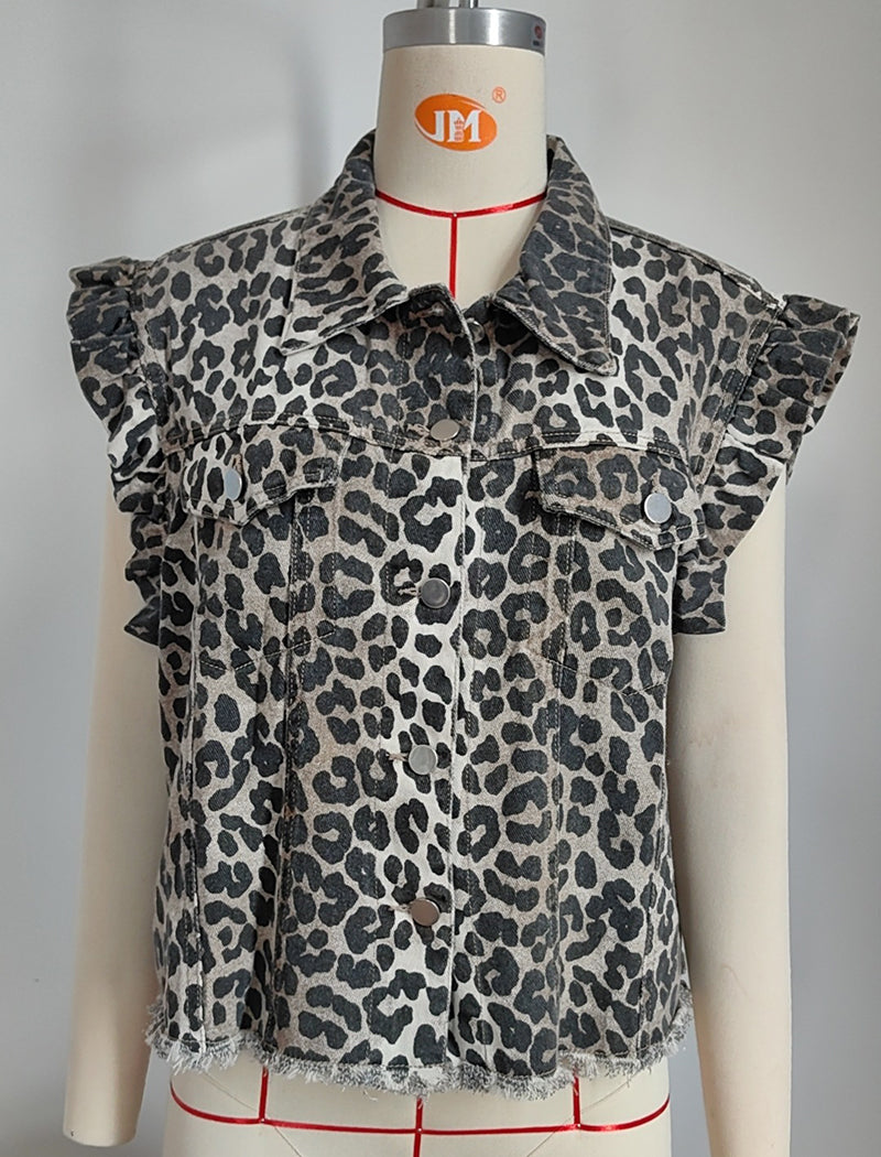 Leopard Print Ruffle-Sleeve Denim Vest