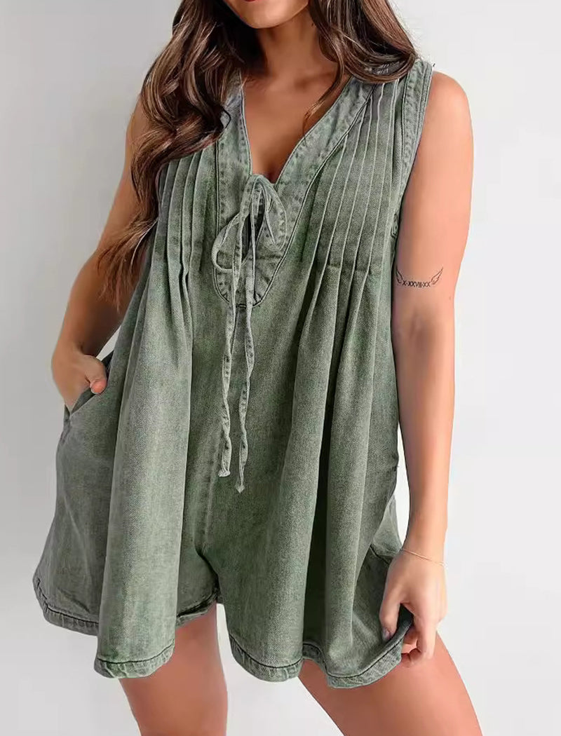 Sleeveless Tie-Front Denim Romper