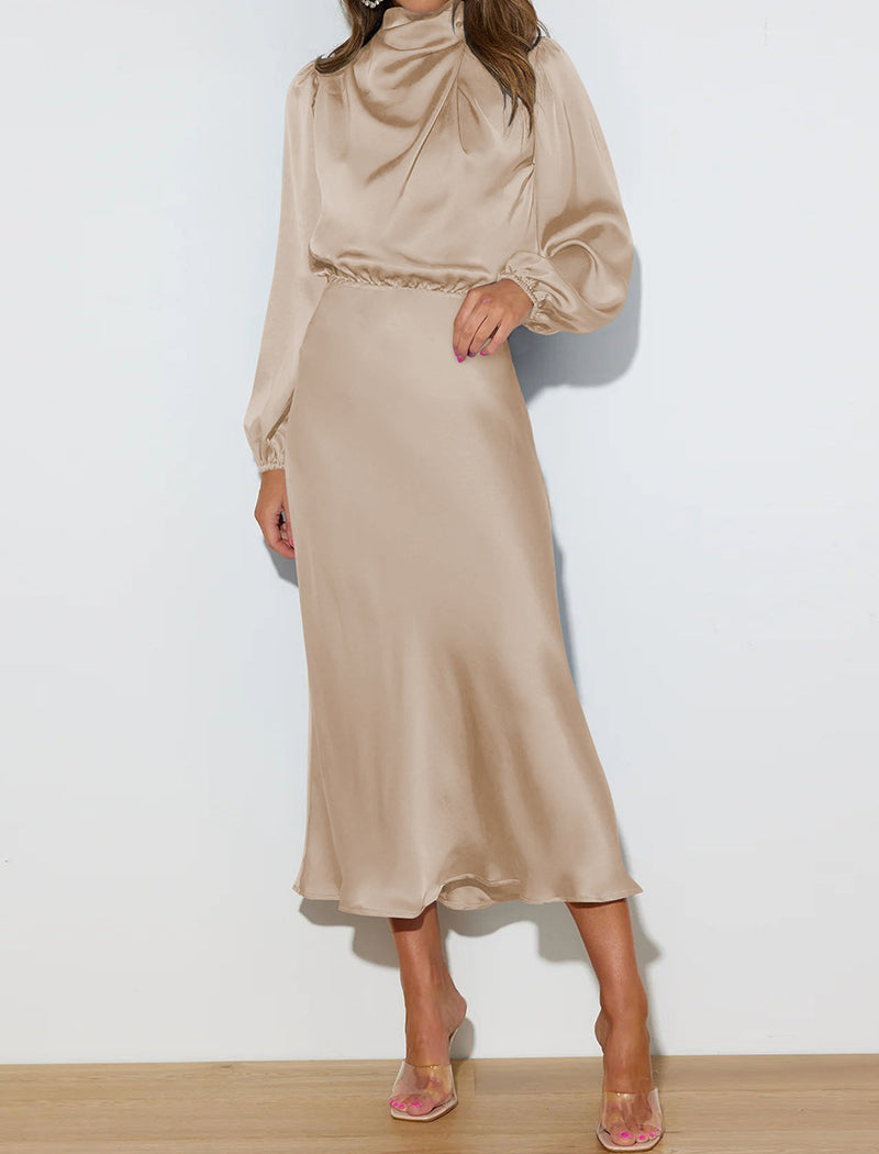 Satin Long Sleeve Midi Dress