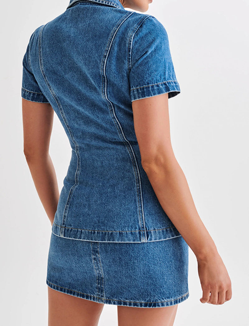 Short Sleeve Button-Up Denim Skirt Set