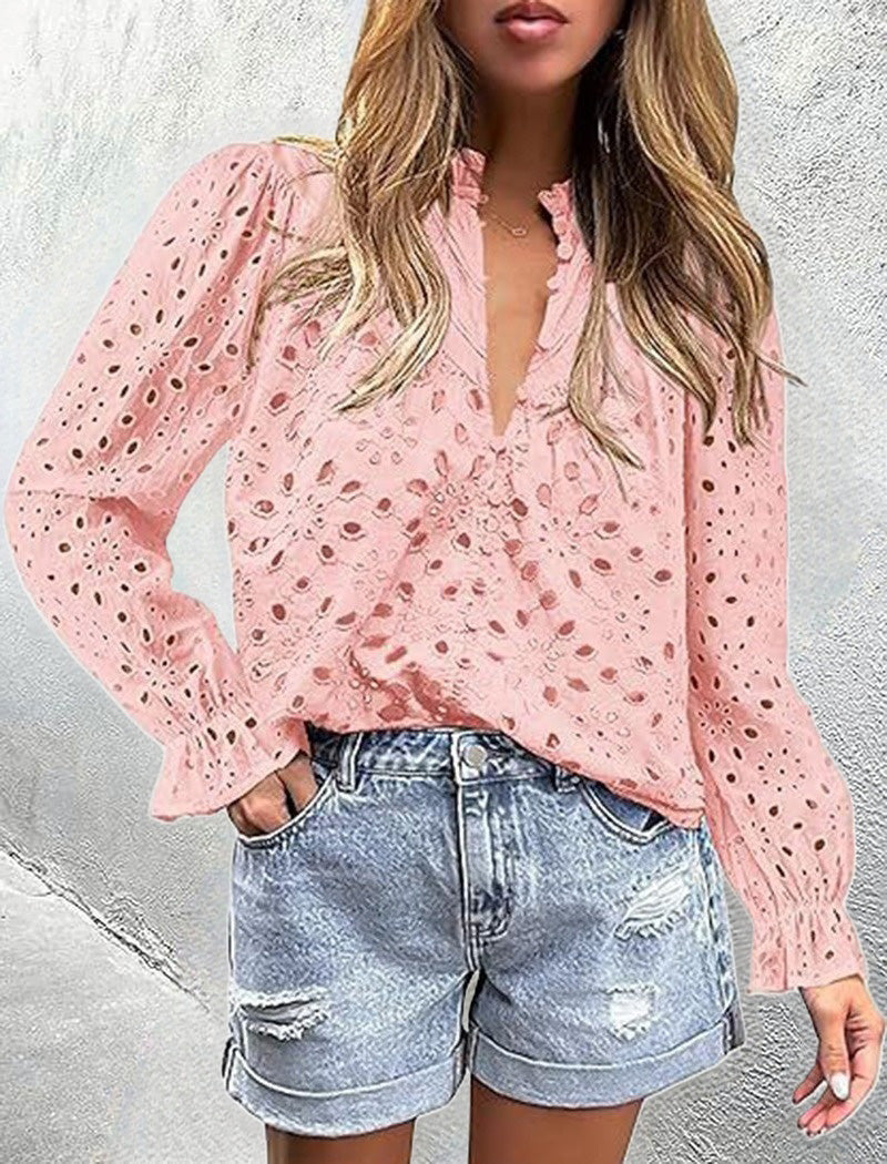 Bell Sleeve V-Neck Lace Top