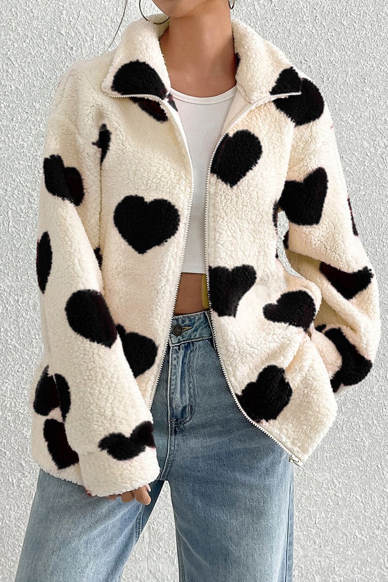 Heart Print Fleece Zip-Up Jacket