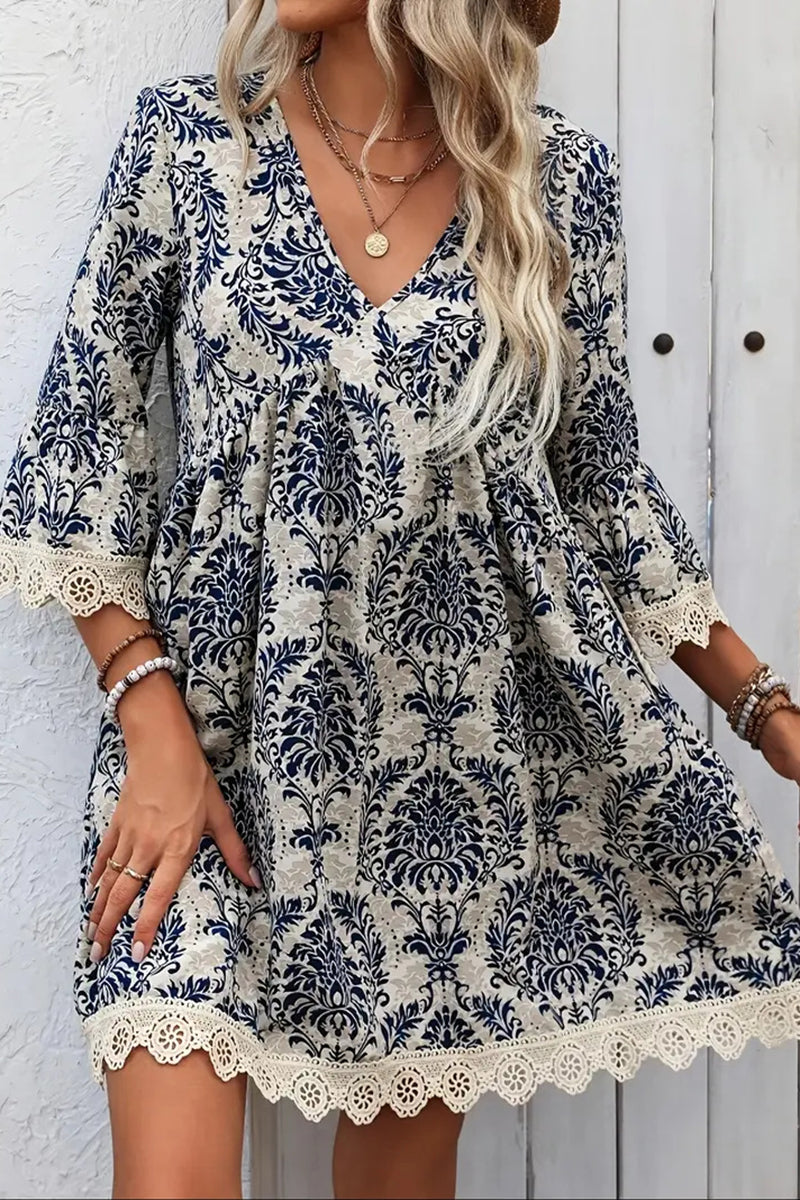 V-Neck Printed Casual Mini Dress