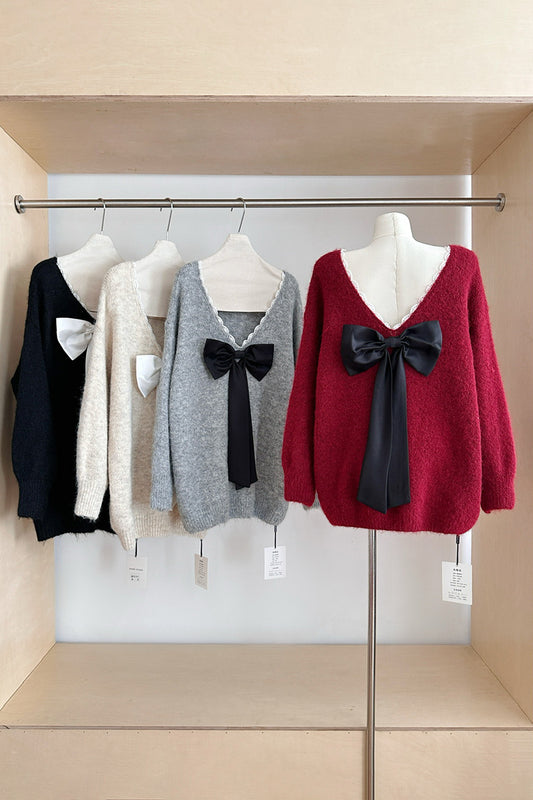 V-Neck Knit Sweater with Bow Detail