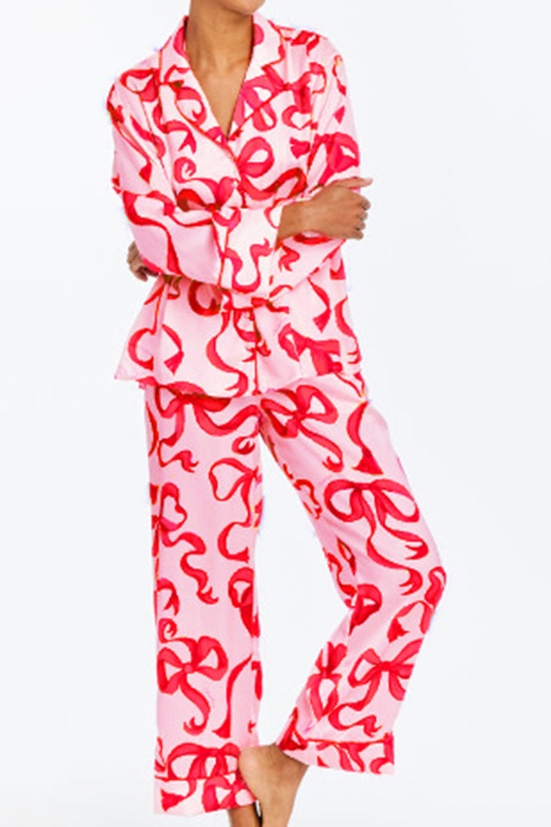 Ribbon Print Button-Up Pajama Set