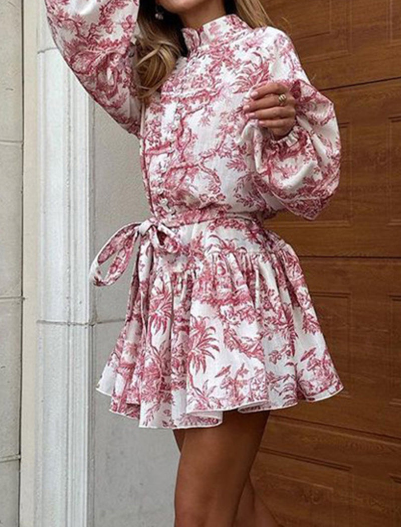 Printed Puff Sleeve Tie Mini Dress