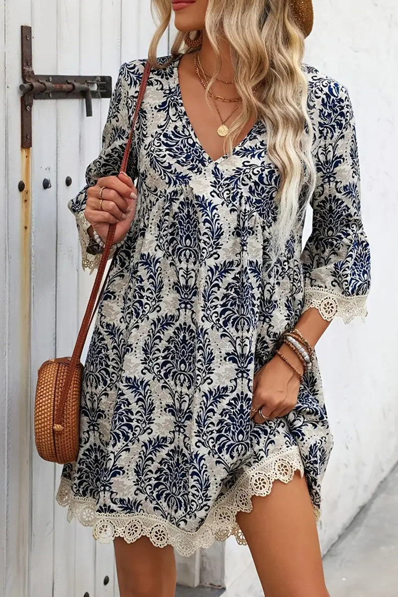 V-Neck Printed Casual Mini Dress