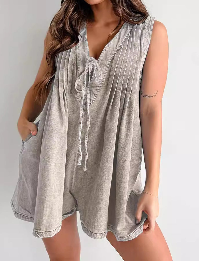 Sleeveless Tie-Front Denim Romper