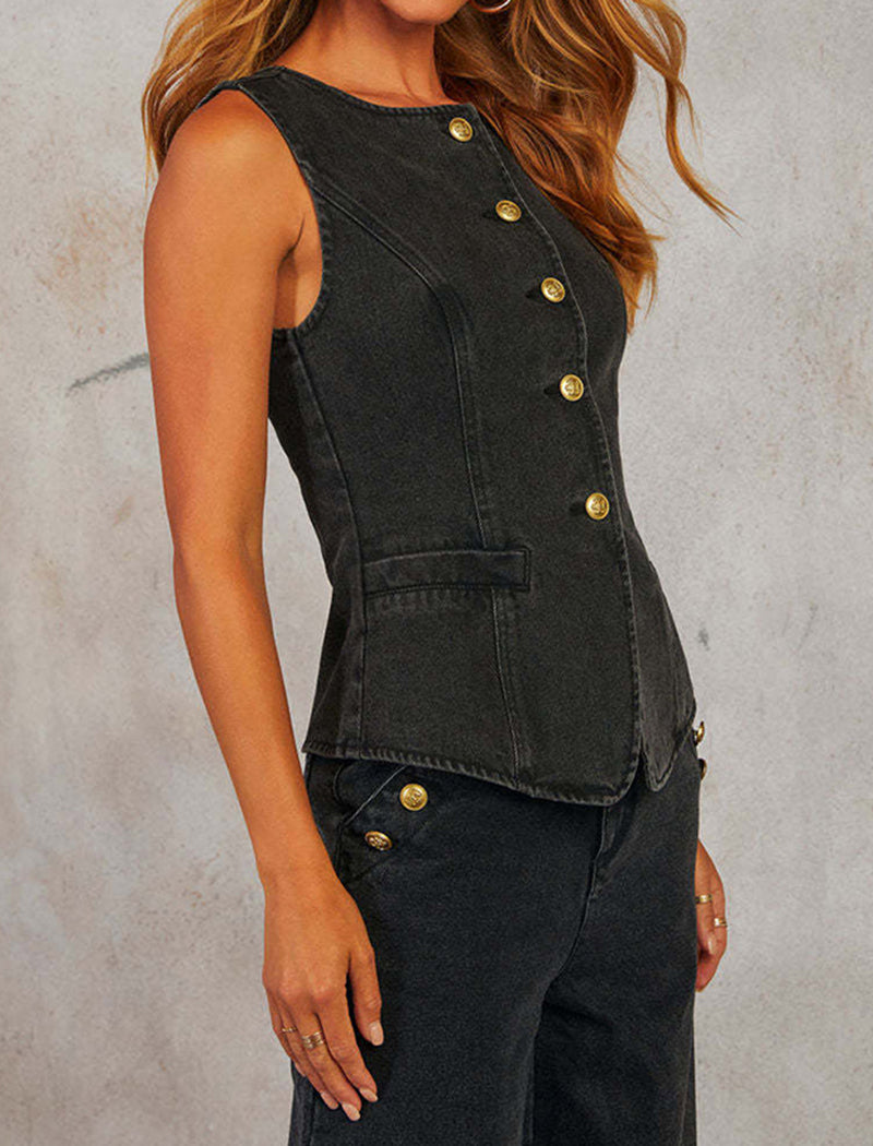 Buttoned Vest with Wide-Leg Denim Set