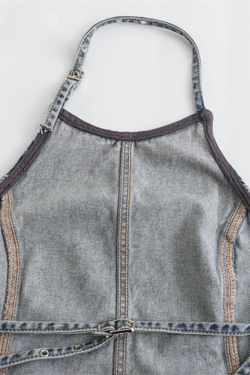 Denim Halter Backless Top