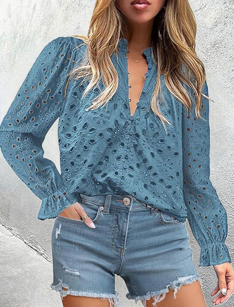 Bell Sleeve V-Neck Lace Top