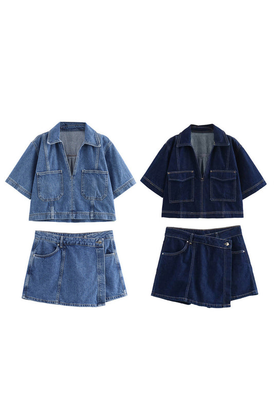 Cropped Denim Button-Up Shirt