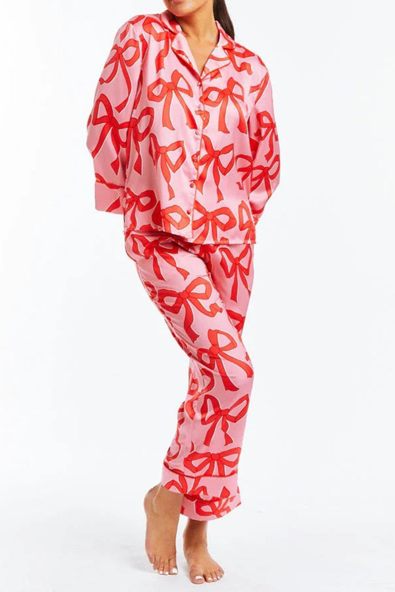 Ribbon Print Button-Up Pajama Set