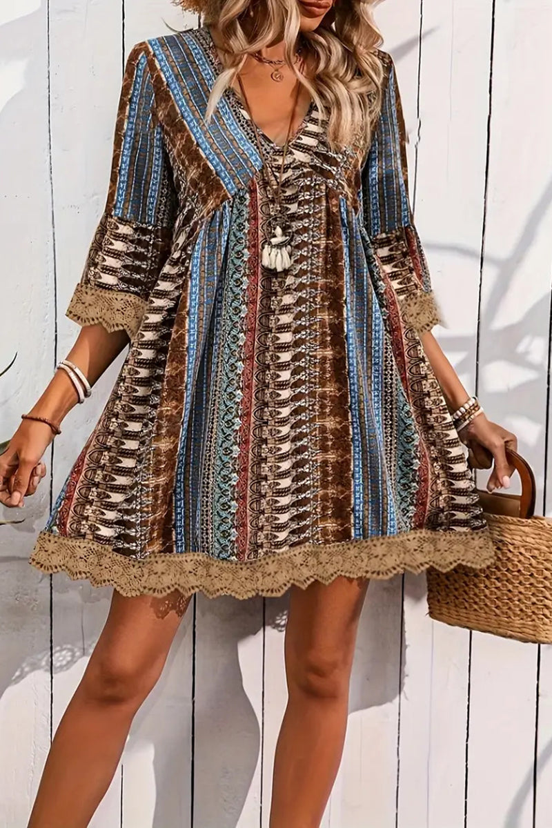 V-Neck Printed Casual Mini Dress