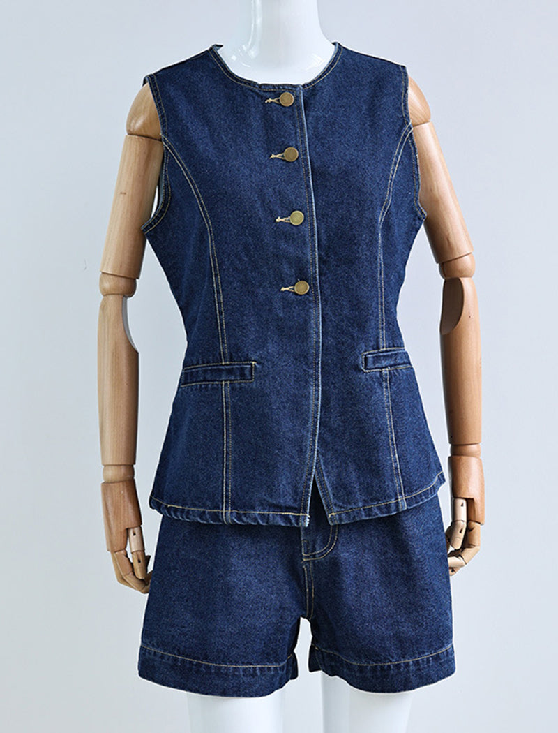 Button-Up Denim Vest and Shorts Set