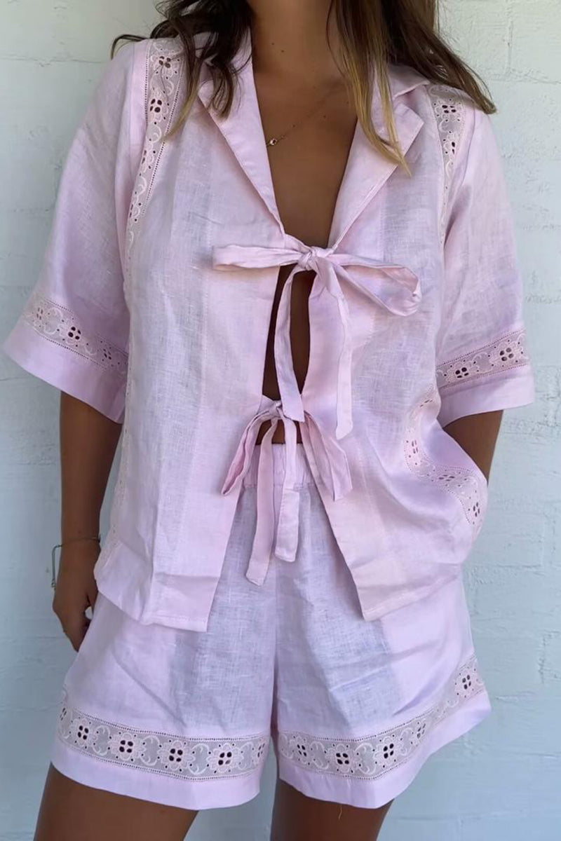 Eyelet Lace Shirt and Shorts Pajama Set