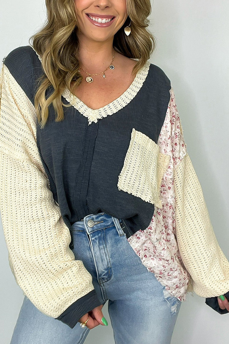 Patchwork Knit V-Neck Sweater