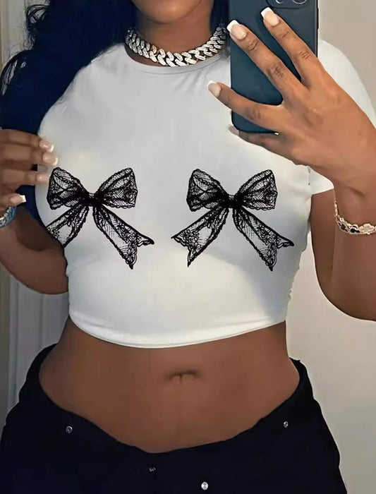 Bow Detail Graphic Crop Tee