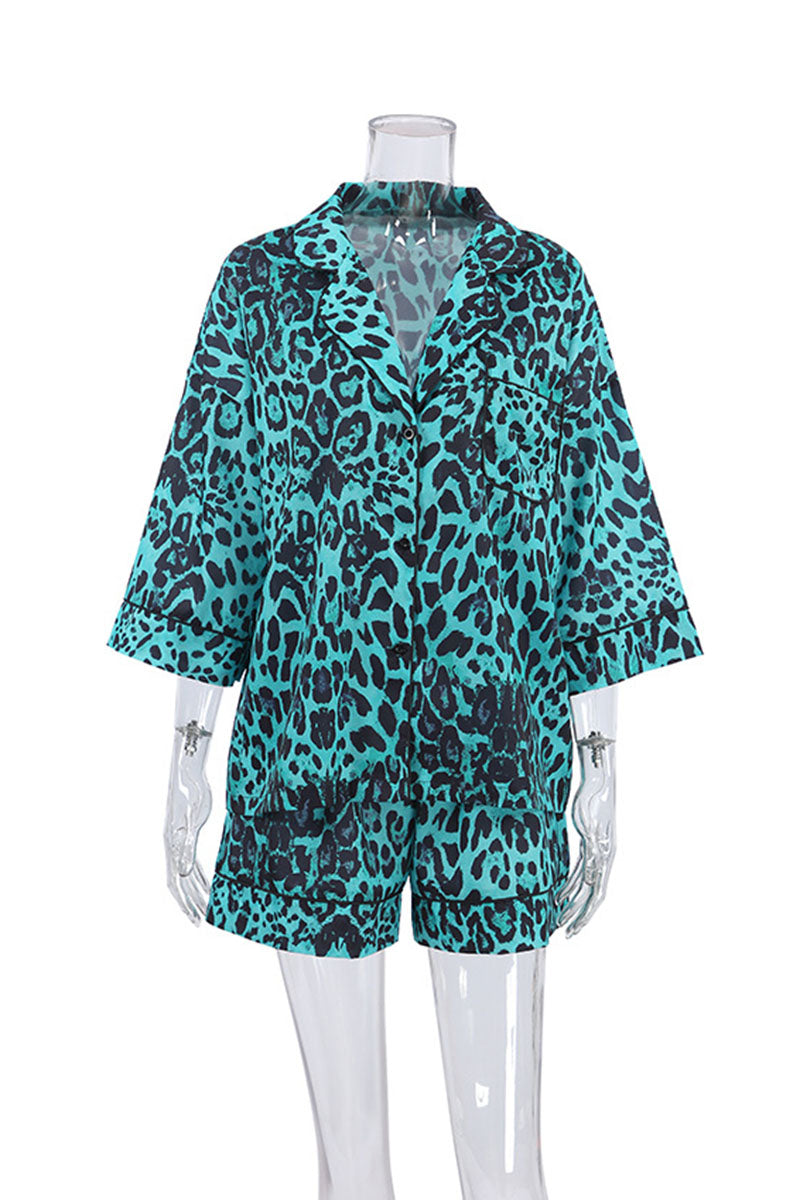 Leopard Print Kimono Shirt and Shorts Set