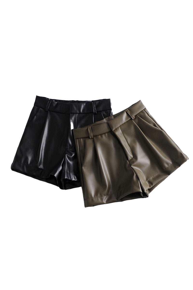 Pleated PU Leather Shorts