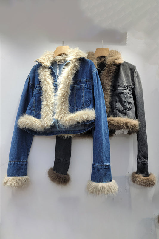 Faux Fur Trimmed Denim Top