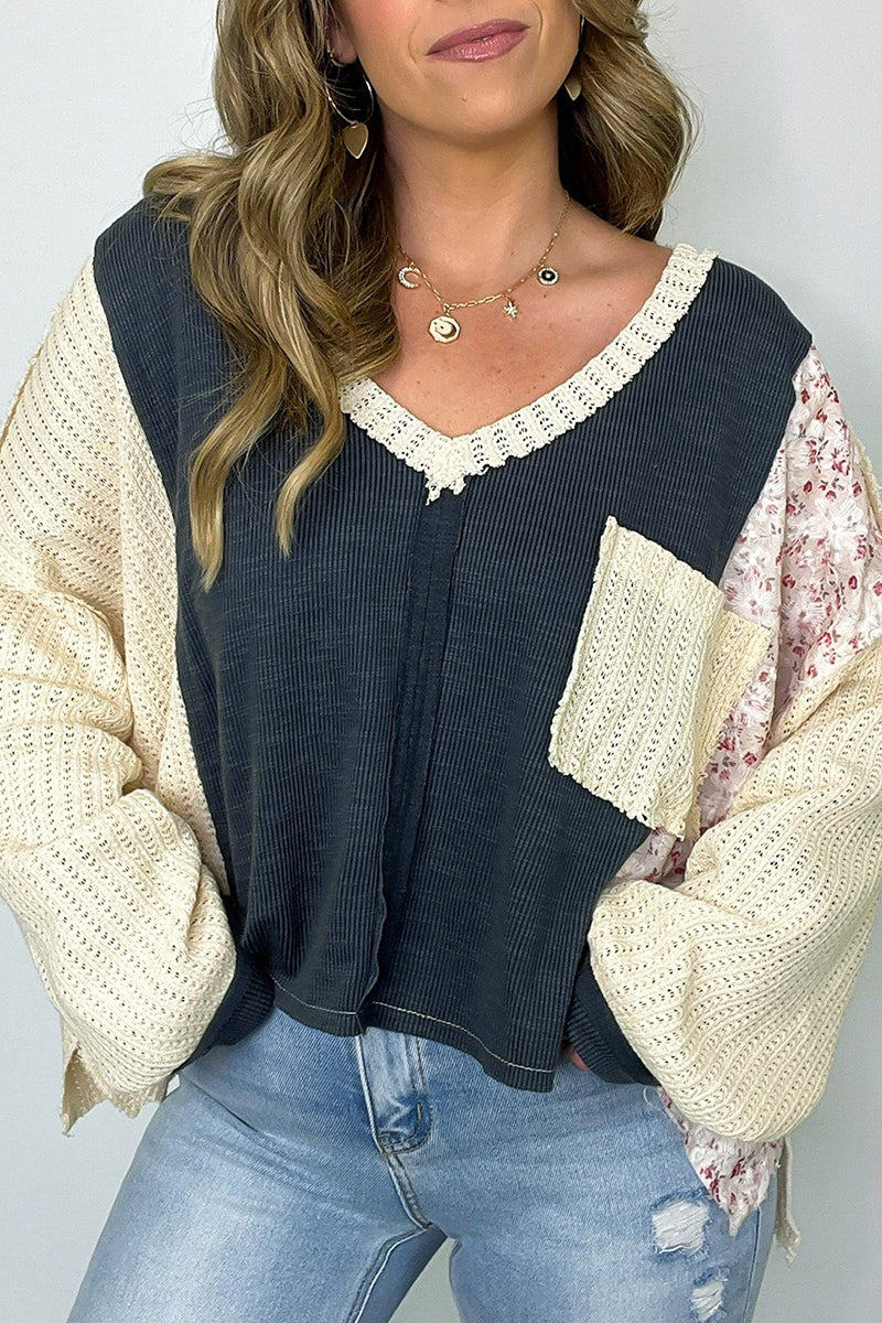 Patchwork Knit V-Neck Sweater