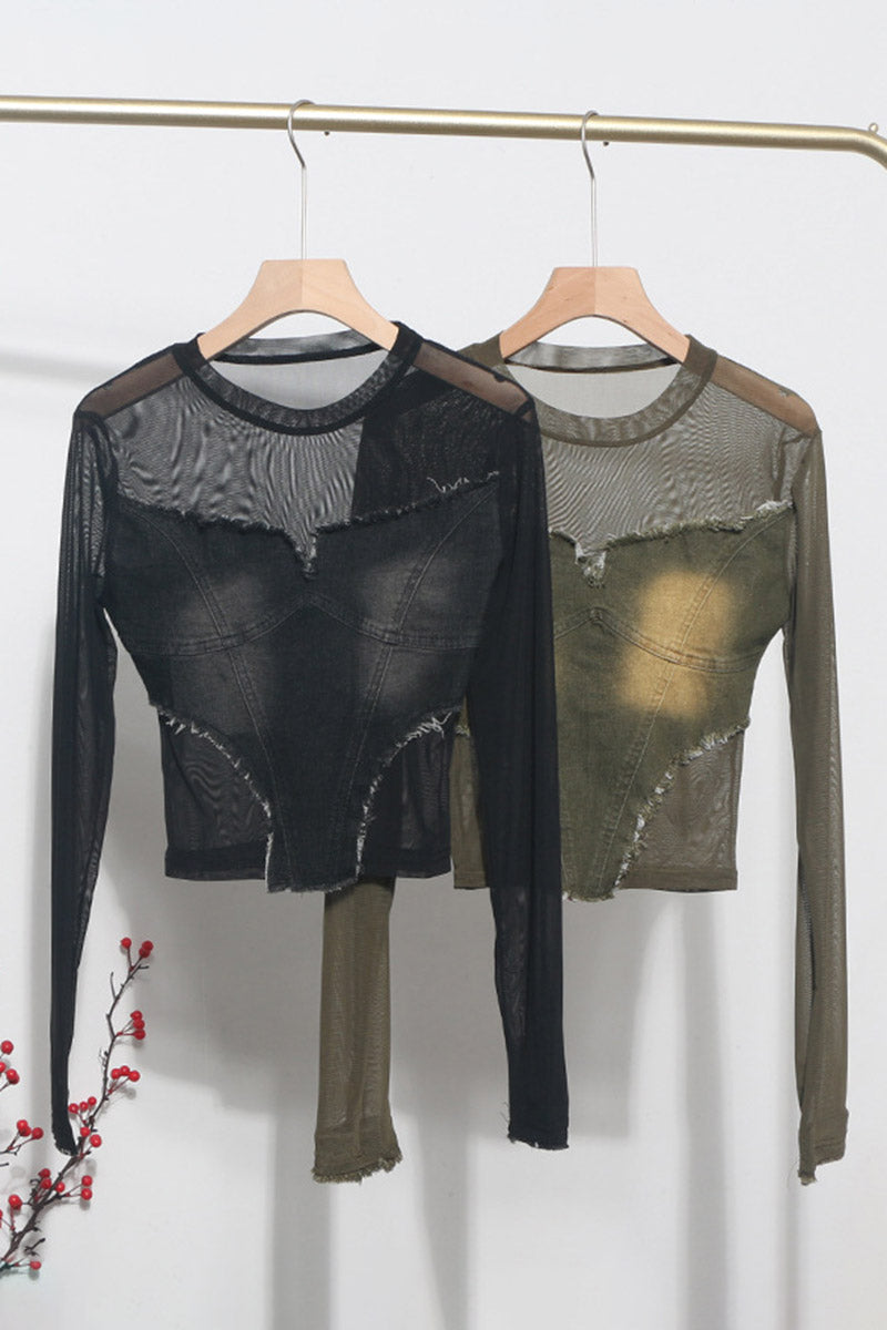 Distressed Mesh Sleeve Patchwork Top