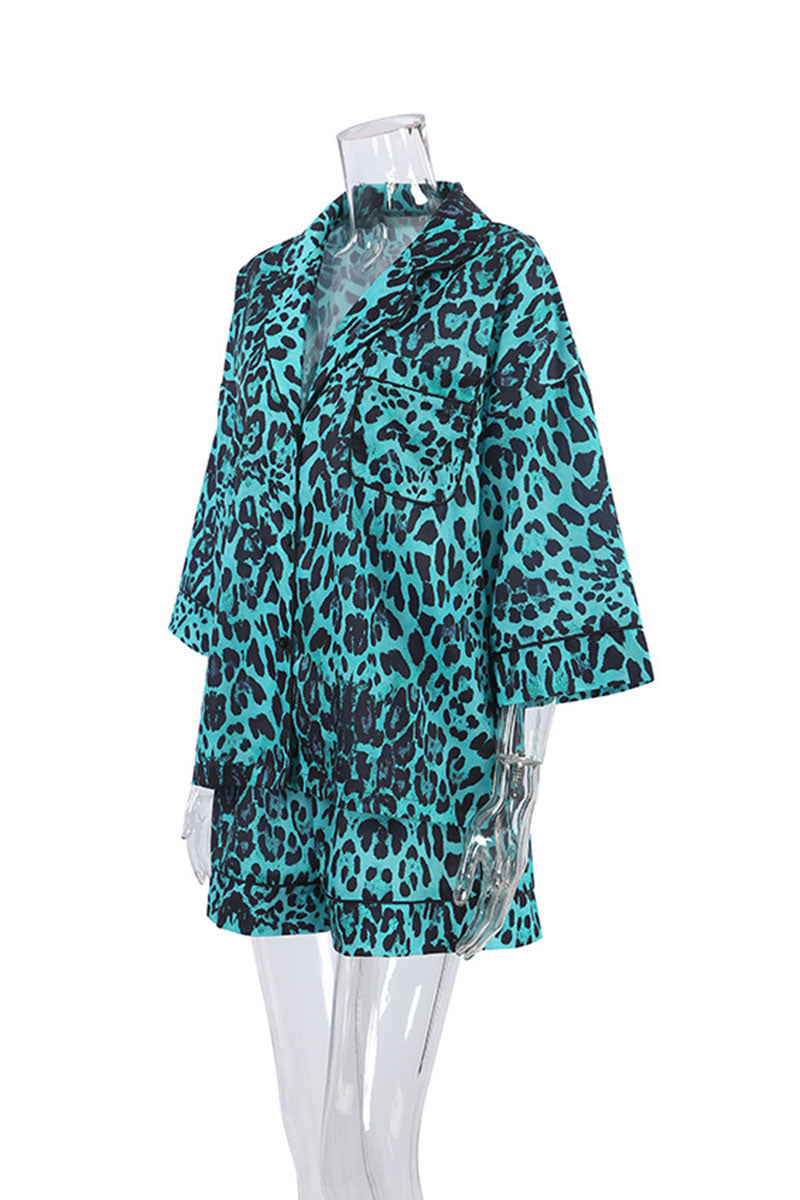 Leopard Print Kimono Shirt and Shorts Set