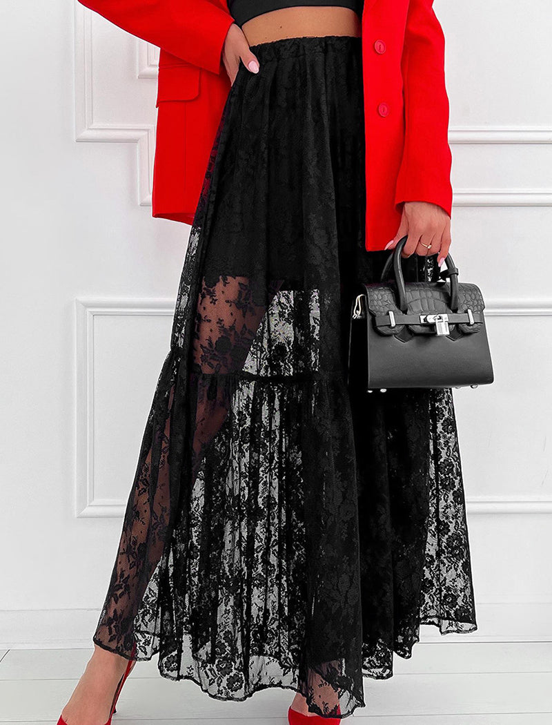 Sheer Lace Midi Skirt