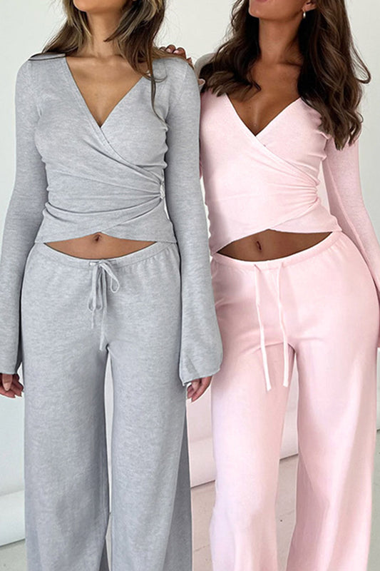 Wrap Crop Top and Wide-Leg Pants Set