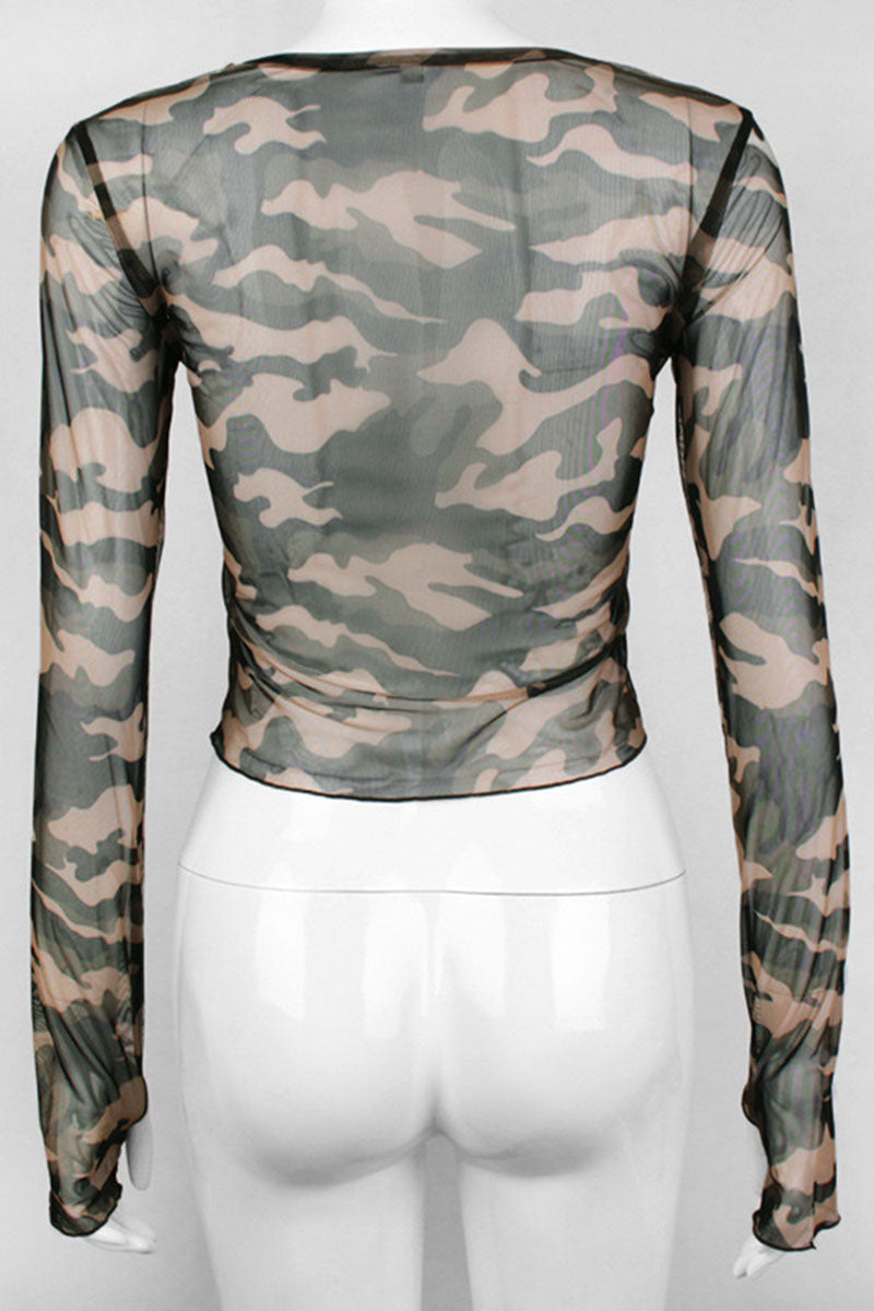 Camouflage Mesh Long Sleeve Top