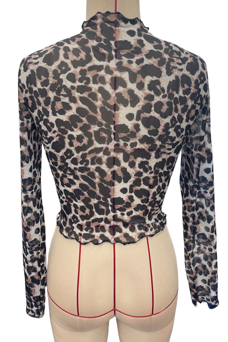 Long Sleeve Leopard Mesh Crop Top