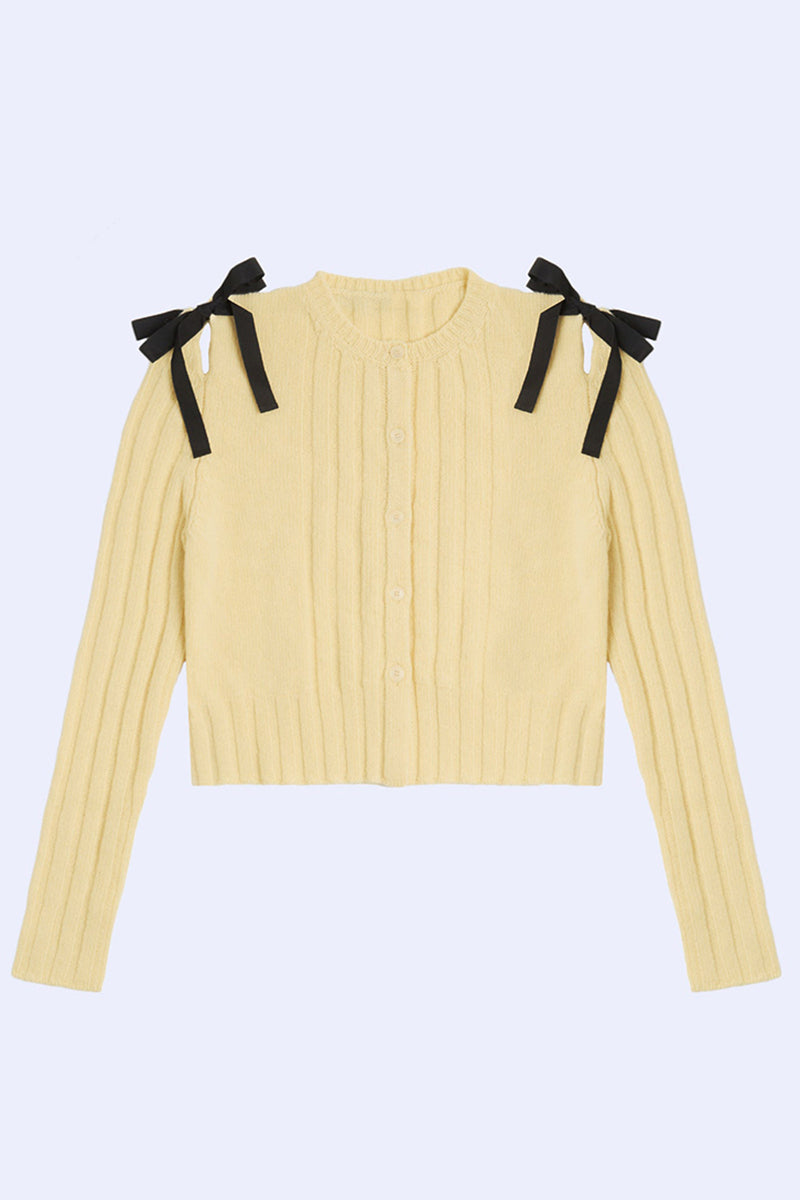 Ribbed Knit Cardigan with Bow Details