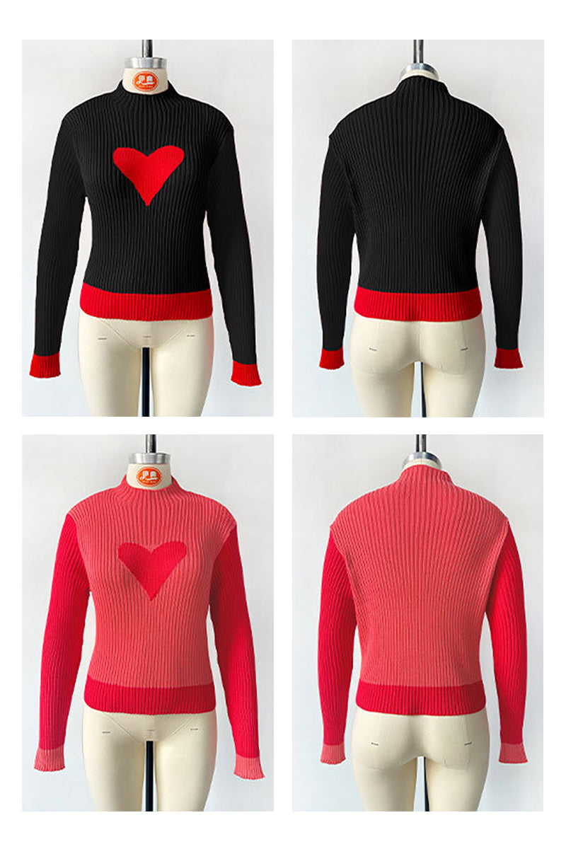 Heart Accent Ribbed Crewneck Sweater