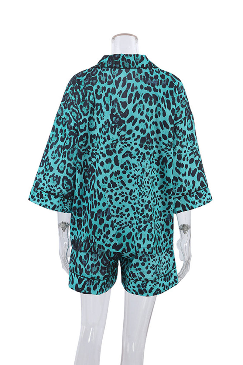 Leopard Print Kimono Shirt and Shorts Set