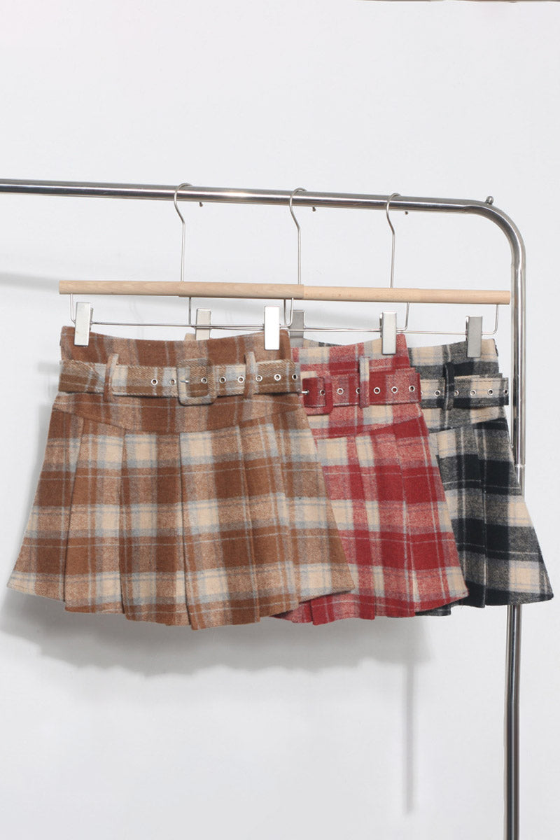 Belted Plaid Pleated Mini Skirt